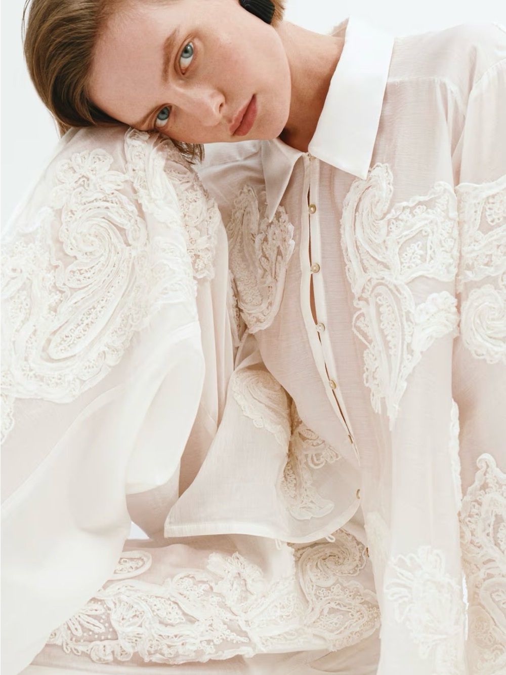 NWT. H&M Edition S/S 2026 Appliqued Barrel-Leg Pants (white) Sz 16 - Picture 4 of 9